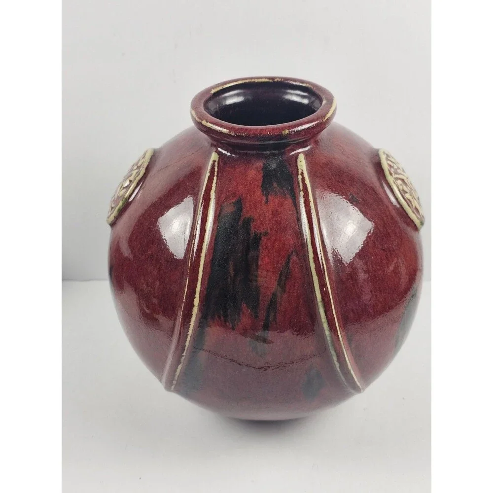 Vintage Oxblood Chinese Medallion Large Round Red Glossy Stoneware Vase